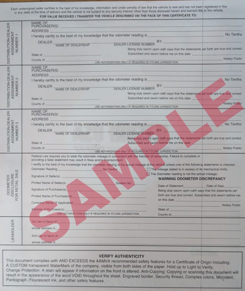 Back of a blank JETSURF USA Certificate of Origin, stamped SAMPLE, with three dealer assignment blocks, odometer disclosure, lienholder lines and the verify-authenticity box